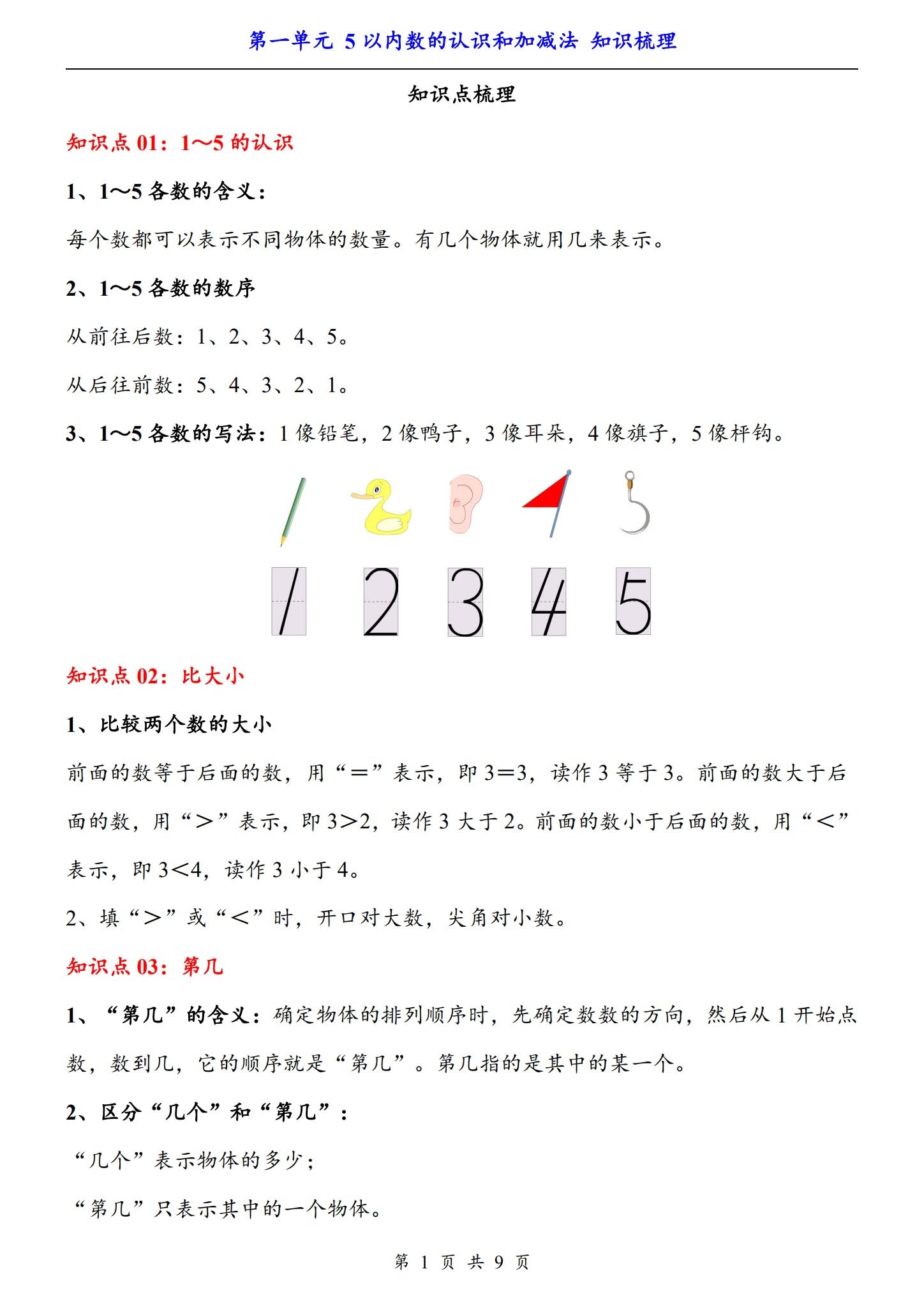 [一年级数学]（上）知识汇总 预览第1张