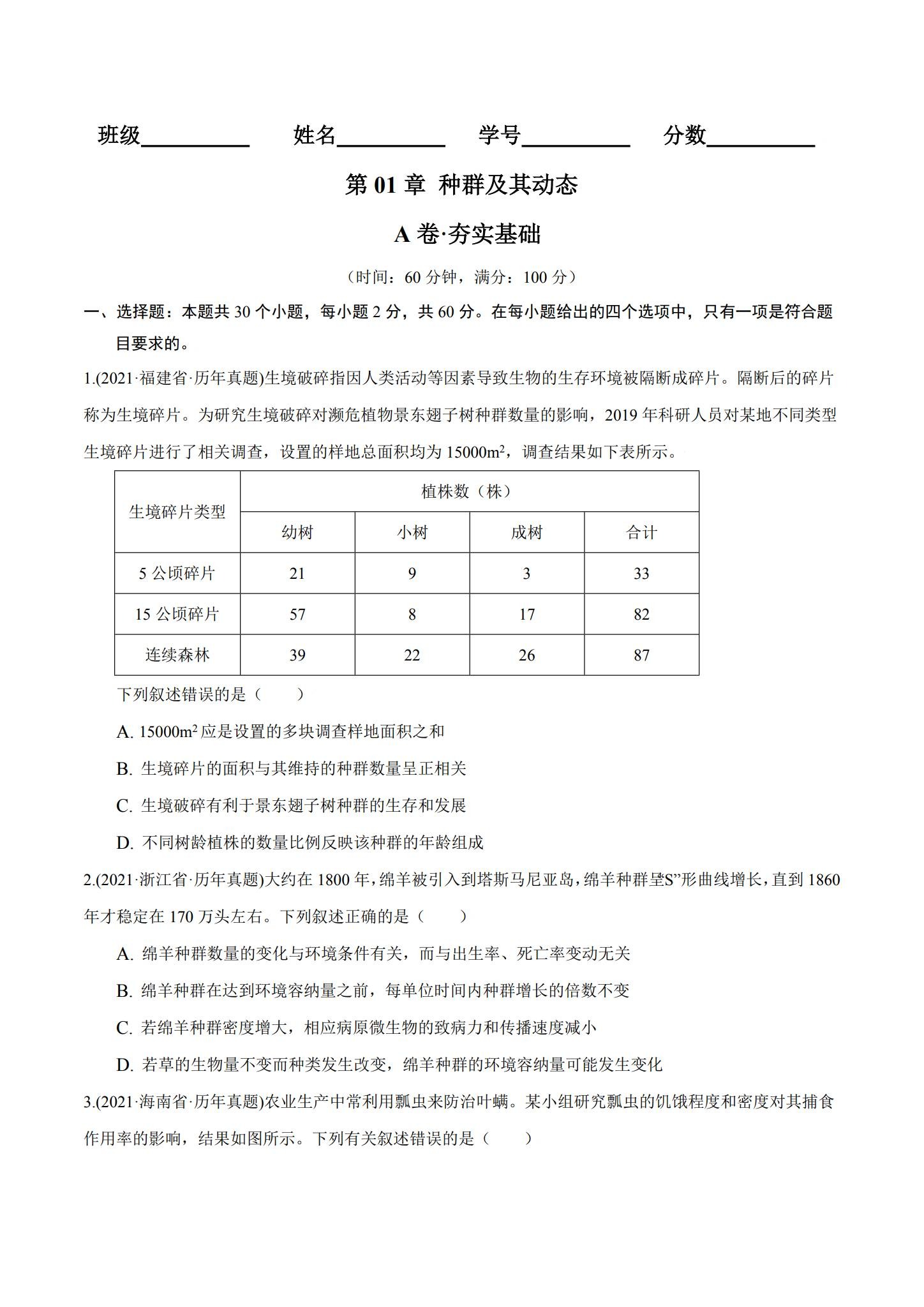 人教版｜高一、高二、高三生物｜选修2｜单元测试 预览第1张